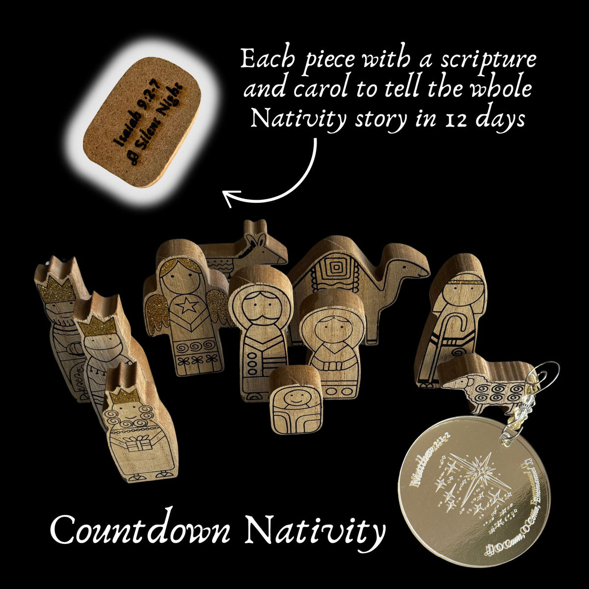 Christmas Nativity Countdown: 12 Days of Carols, Engraved Wood