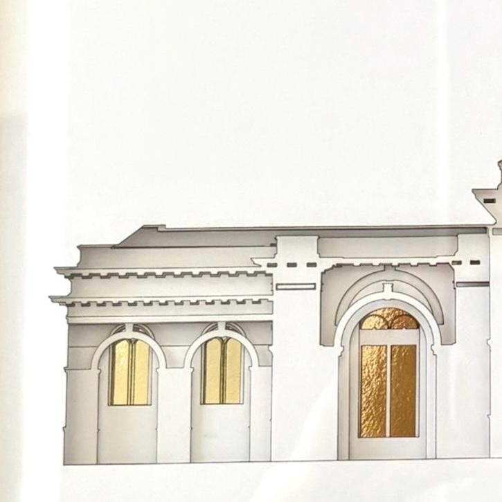 Architectural illustration of a building facade with arched windows and doors, rendered in light gray and white with gold-toned window panes on a white background. Fort Collins Temple Art Gift
