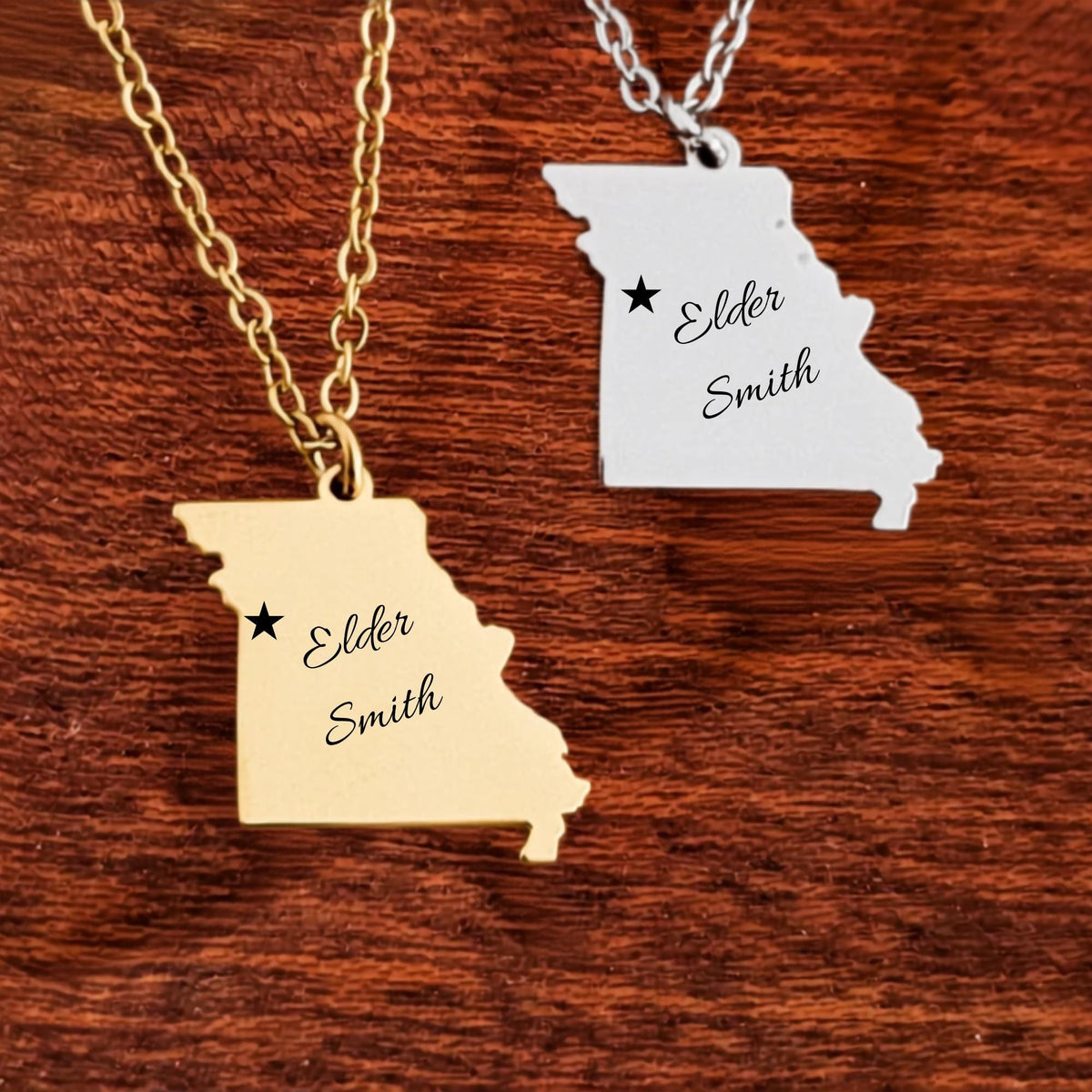 Personalized LDS Missionary Necklace, State Pendant, Custom Name (Gold/Silver) Mission Jewelry